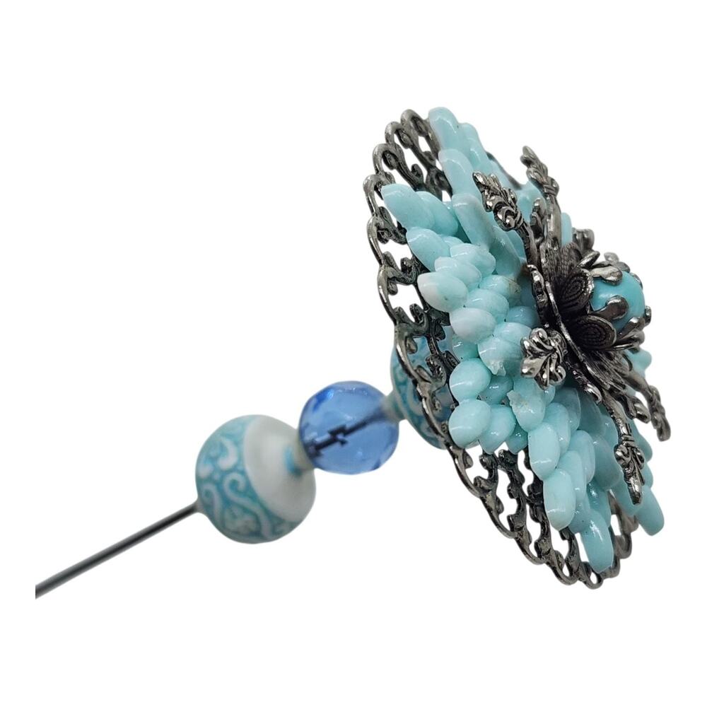 Vintage Extra Long Hat Pin Blue Lucite Metal Filigree Floral Petals Estate BIG